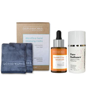 Dermaworks skincare bundle for women features makeup remover face cloths, vitamin C serum with niacinamide and advanced moisturising face cream.
