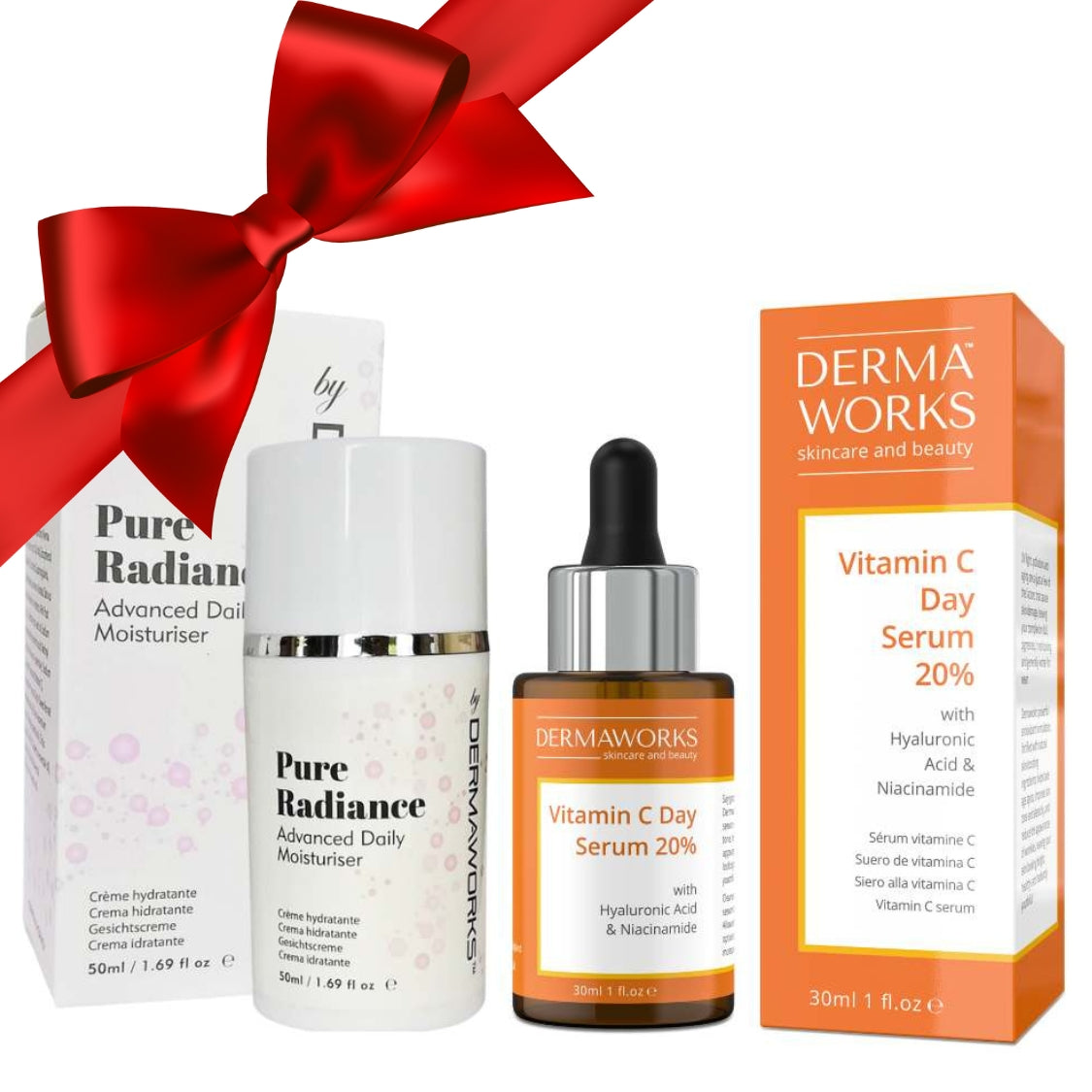 Dermaworks skin care bundle with an advanced daily moisturiser and a brightening vitamin C serum with hyaluronic acid and niacinamide.