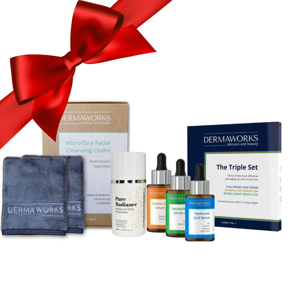 Dermaworks skincare and Beauty women's gift set with make up remover face cloths, hyaluronic acid serum, retinol serum, vitamin c serum and moisturiser face cream.
