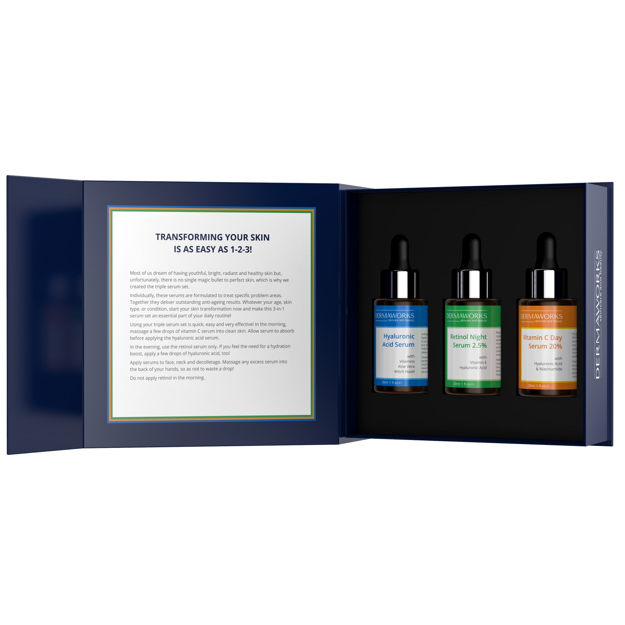 Box set of Dermaworks skincare face serums; Retinol with vitamin E, Vitamin C with Niacinamide and hyaluronic acid serum with vitamins, aloe vera and witch hazel.