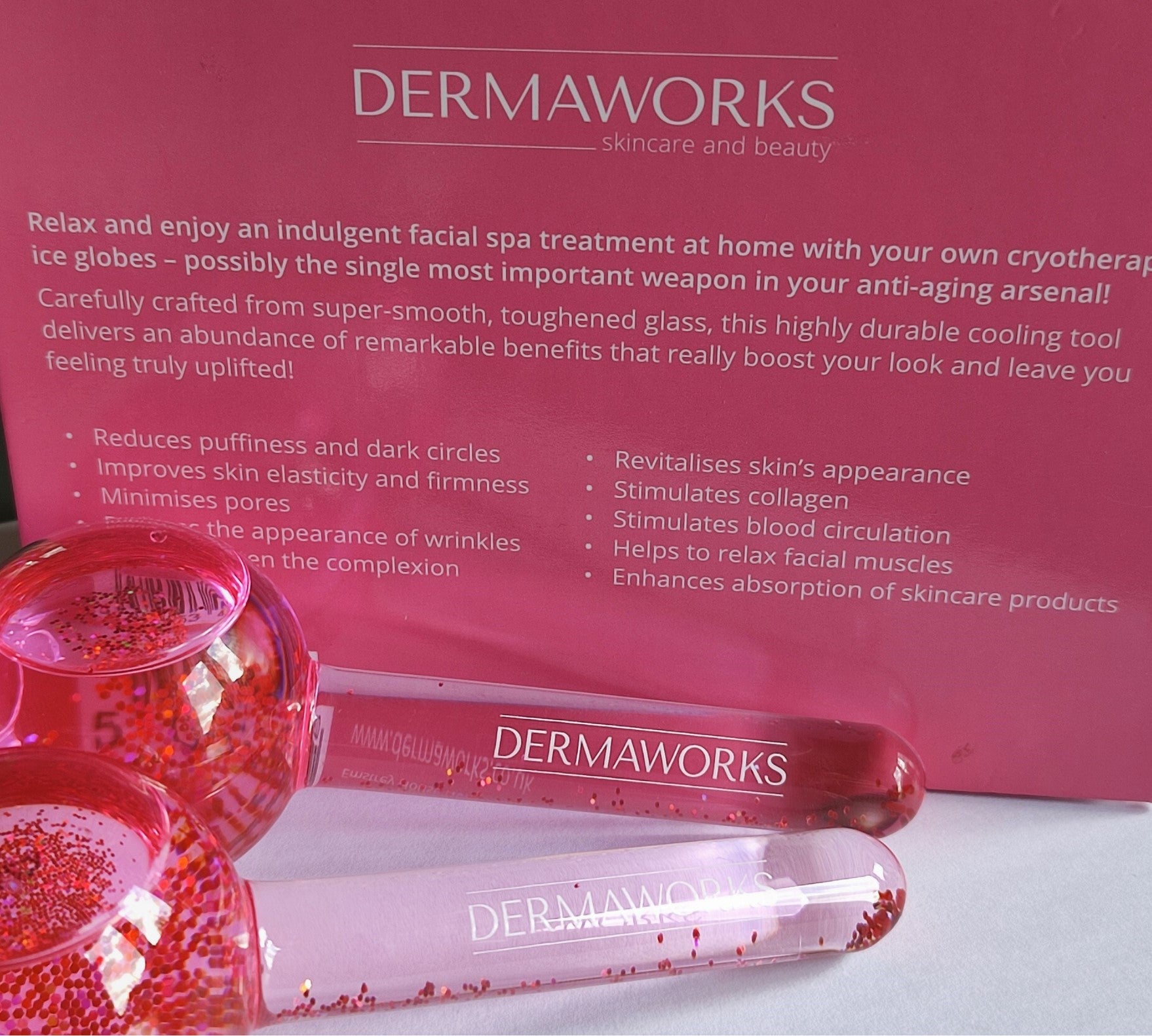 Dermaworks facial ice roller, or ice globes for face and eyes. Collagen boosting, stress and headache relief skin care tool.
