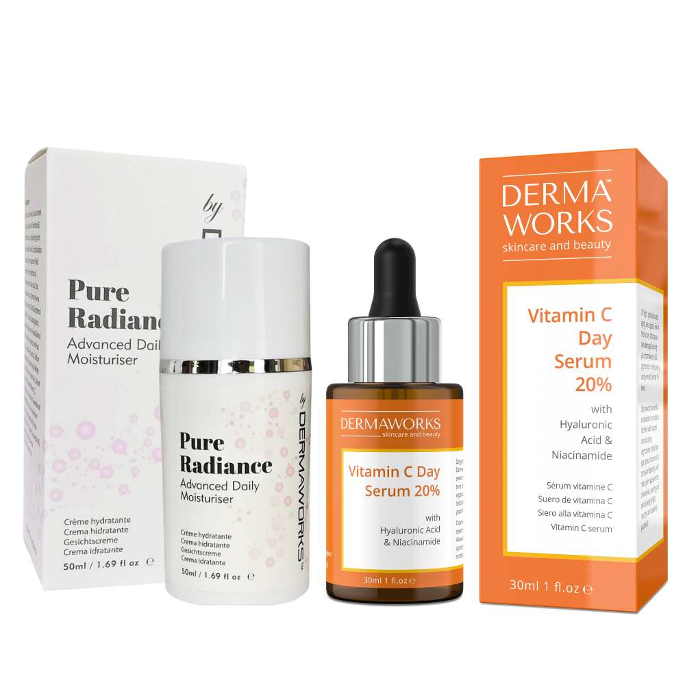 Dermaworks advanced daily moisturiser face cream and vitamin C serum with niacinamide for bright, radiant skin.