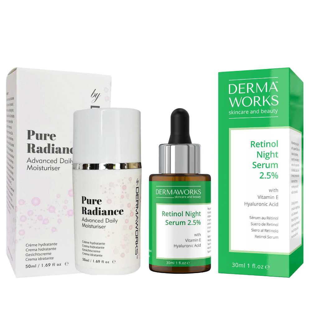 Dermaworks anti aging and skin resurfacing combo features an advanced daily moisturiser and a retinol night serum to improve skin texture and tone.