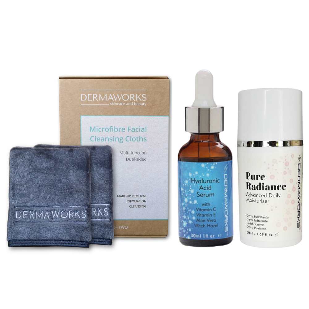 Dermaworks women's skincare bundle featuring facial cleansing cloths, hydrating hyaluronic acid serum and anti aging vitamin moisturiser.