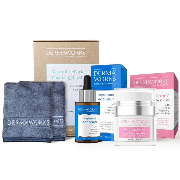 Women's Hydrating Skincare Bundle - Face Cloths, Hyaluronic Acid Serum & Moisturiser