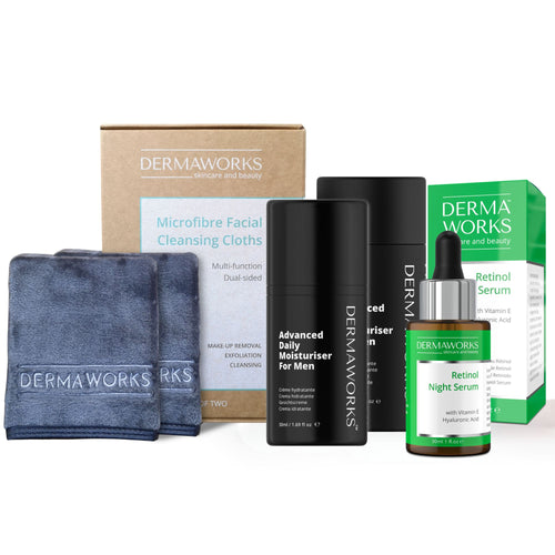 Men’s skincare set with face cloth, retinol serum, and moisturizing face cream for hydration and smoother skin.