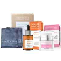Women Skincare bundle with face cloth, vitamin C serum, and face cream for hydration, brightening, and healthy-looking skin.