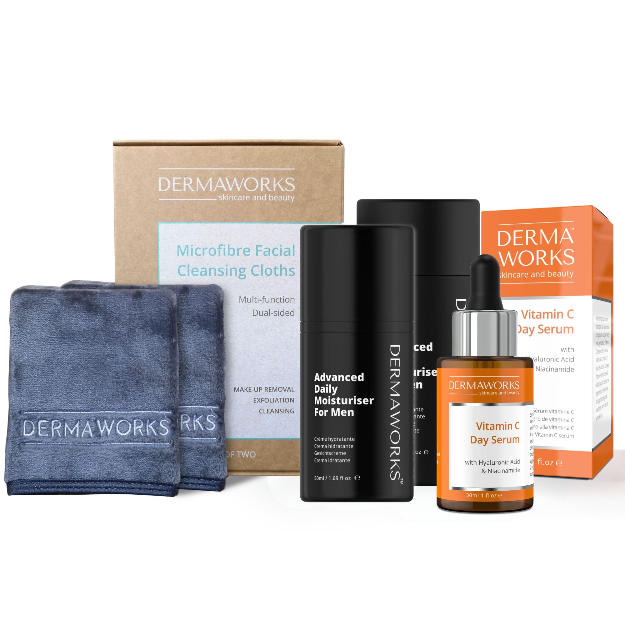 Complete men’s skincare kit featuring a face cloth, vitamin C serum, and nourishing face cream to cleanse, hydrate, and revitalize skin.