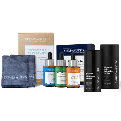Complete men’s skincare kit featuring face cloths, a trio set of hydrating serums or creams, and a nourishing moisturizer for smooth, refreshed skin.