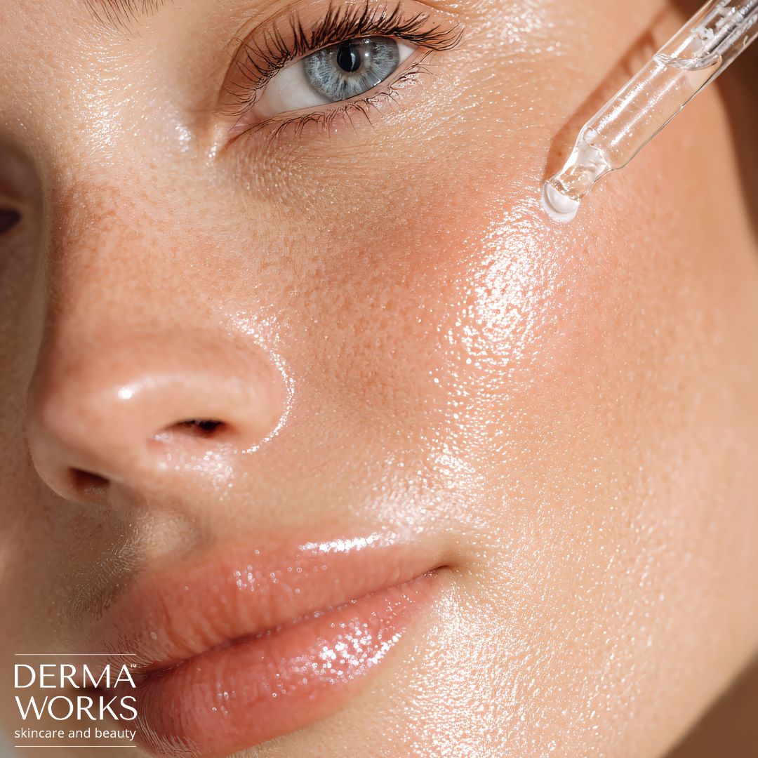 Close-up of a woman's face with a dropper applying a skincare product, featuring the DERMAWORKS brand.