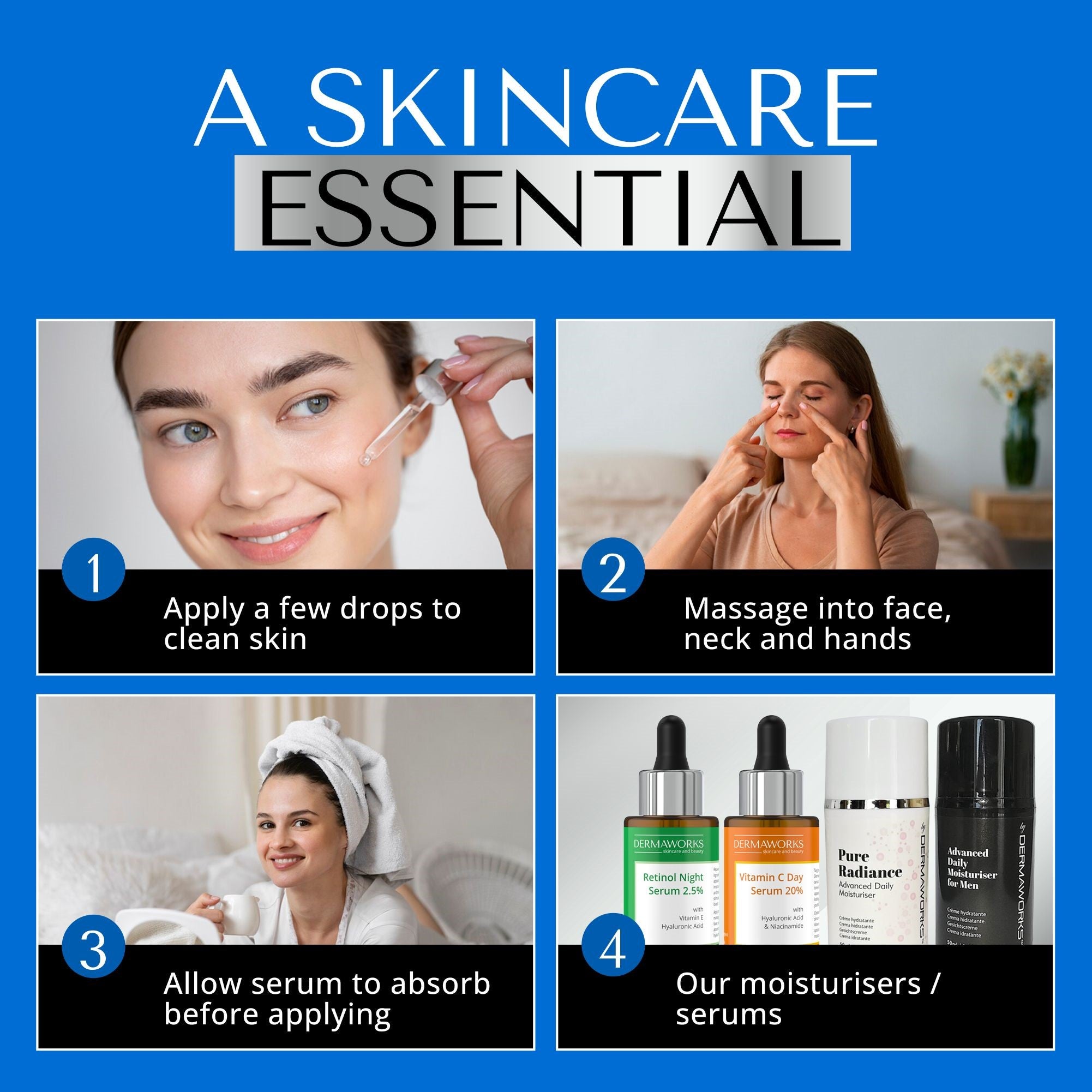 For fast hydration and long-term anti-aging, apply a few drops of our serum to clean skin and massage into your face, hands and neck.