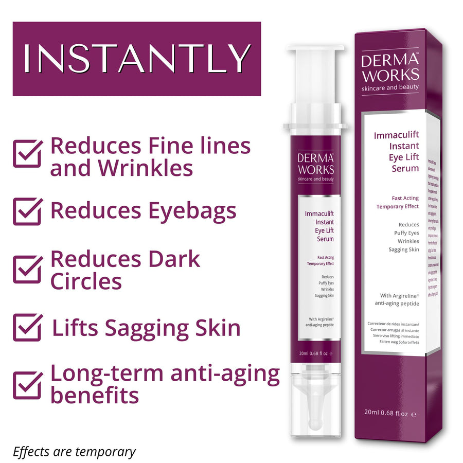 Immaculift instantly reduces fine lines and wrinkles, eye bags, dark circles, and lifts sagging skin. Contains Argireline.