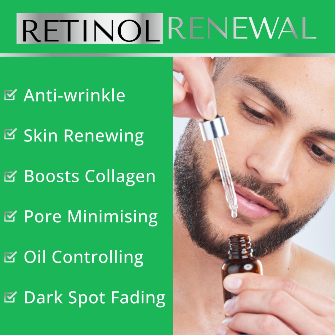 Retinol renewal product with a man applying it to his face, featuring text on benefits.