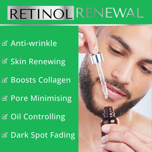 Retinol renewal product with a man applying it to his face, featuring text on benefits.