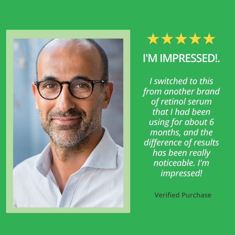 Positive review from a customer highlighting the effectiveness of the men’s retinol serum on skin appearance