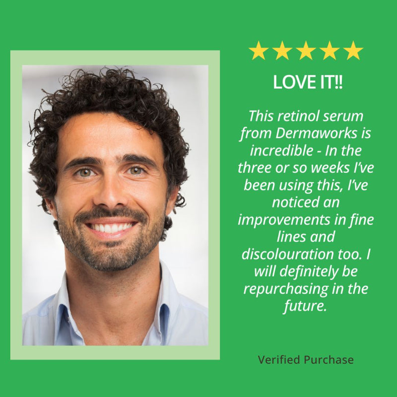 Positive review from a customer highlighting the effectiveness of the men’s retinol serum on skin appearance