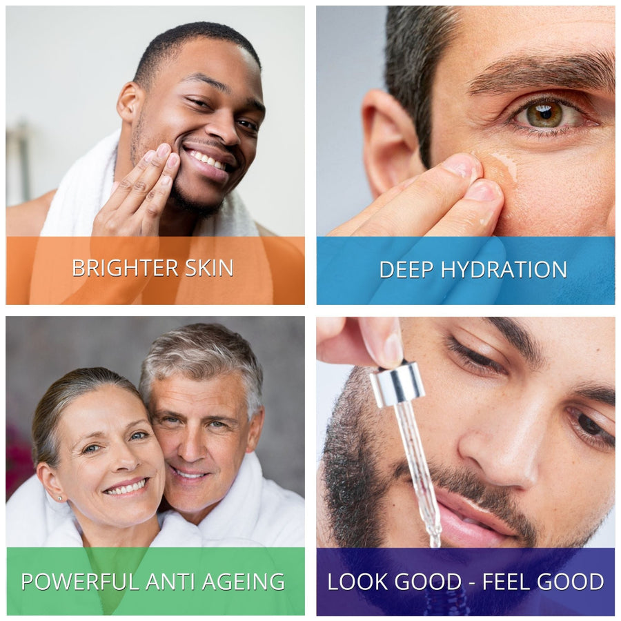 Collage of Men with text on skincare benefits including 'Brighter Skin', 'Deep Hydration', 'Powerful Anti-Aging', and 'Look Good, Feel Good'. Dermaworks Serum set for men