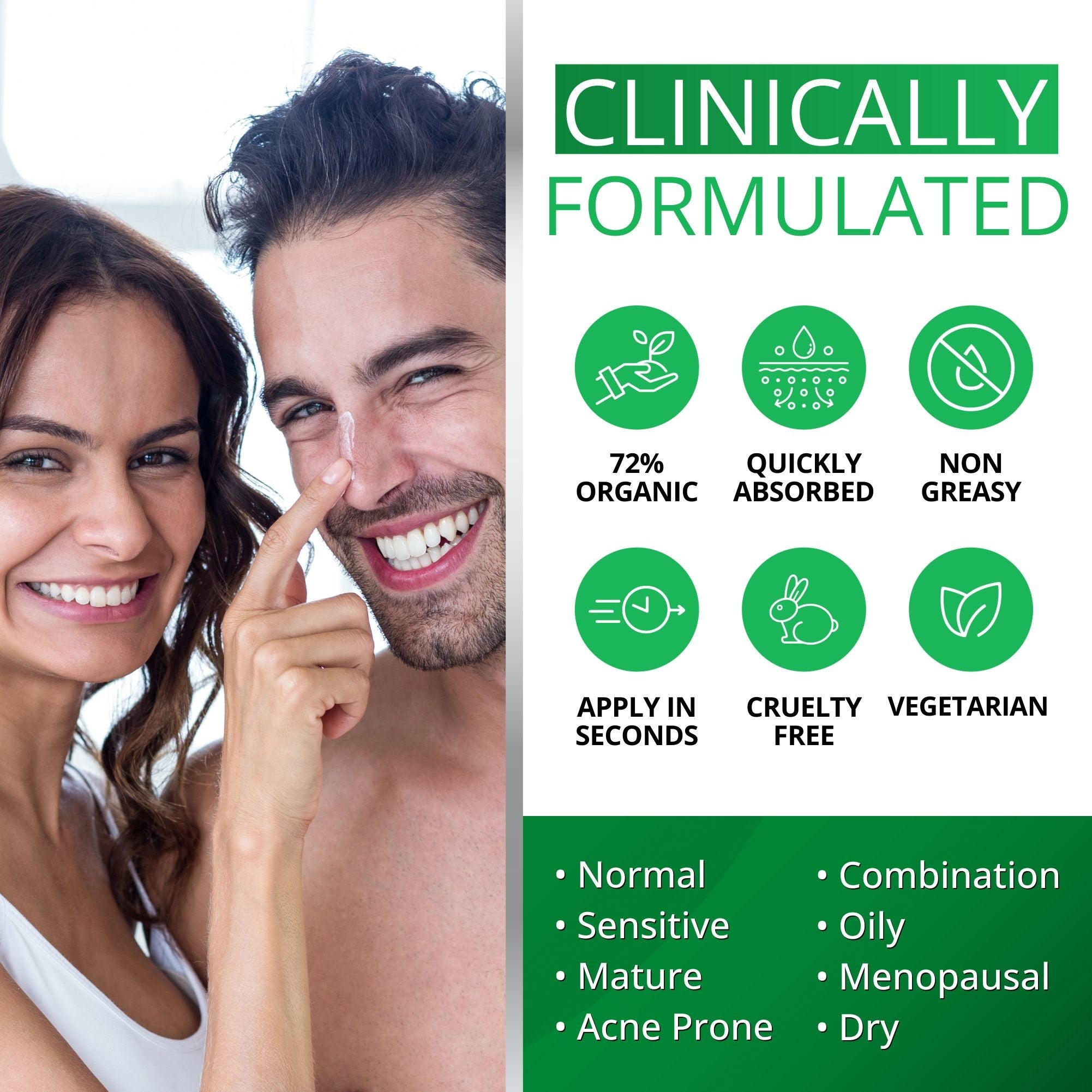 Dermaworks retinol serum for face is 72% organic, cruelty-free, and non-greasy. Suitable for all skin types, including acne prone and menopausal. 