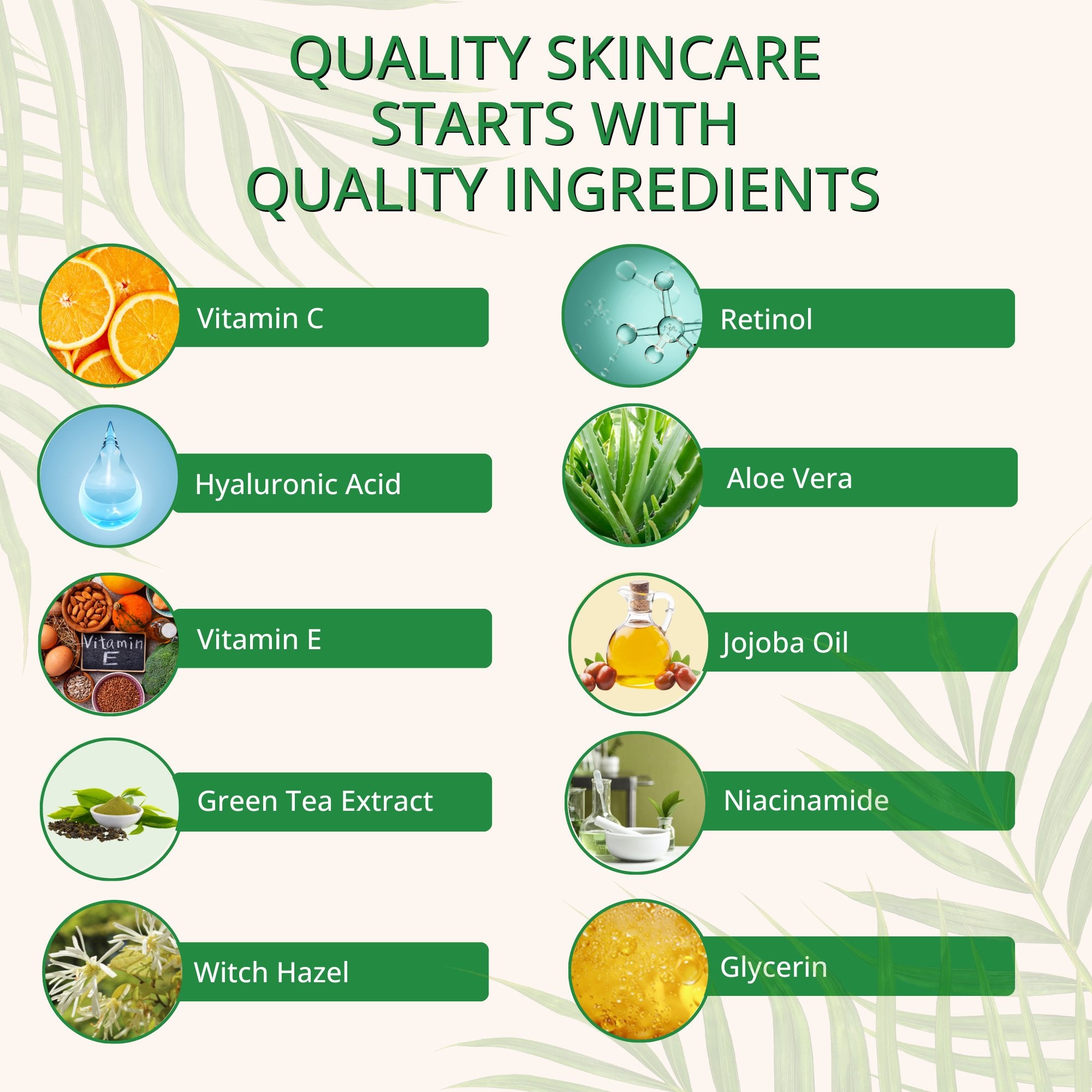 Skincare gift set main ingredients; retinol, vitamin C, vitamin E, hyaluronic acid, niacinamide, jojoba oil, green tea, witch hazel and aloe vera.