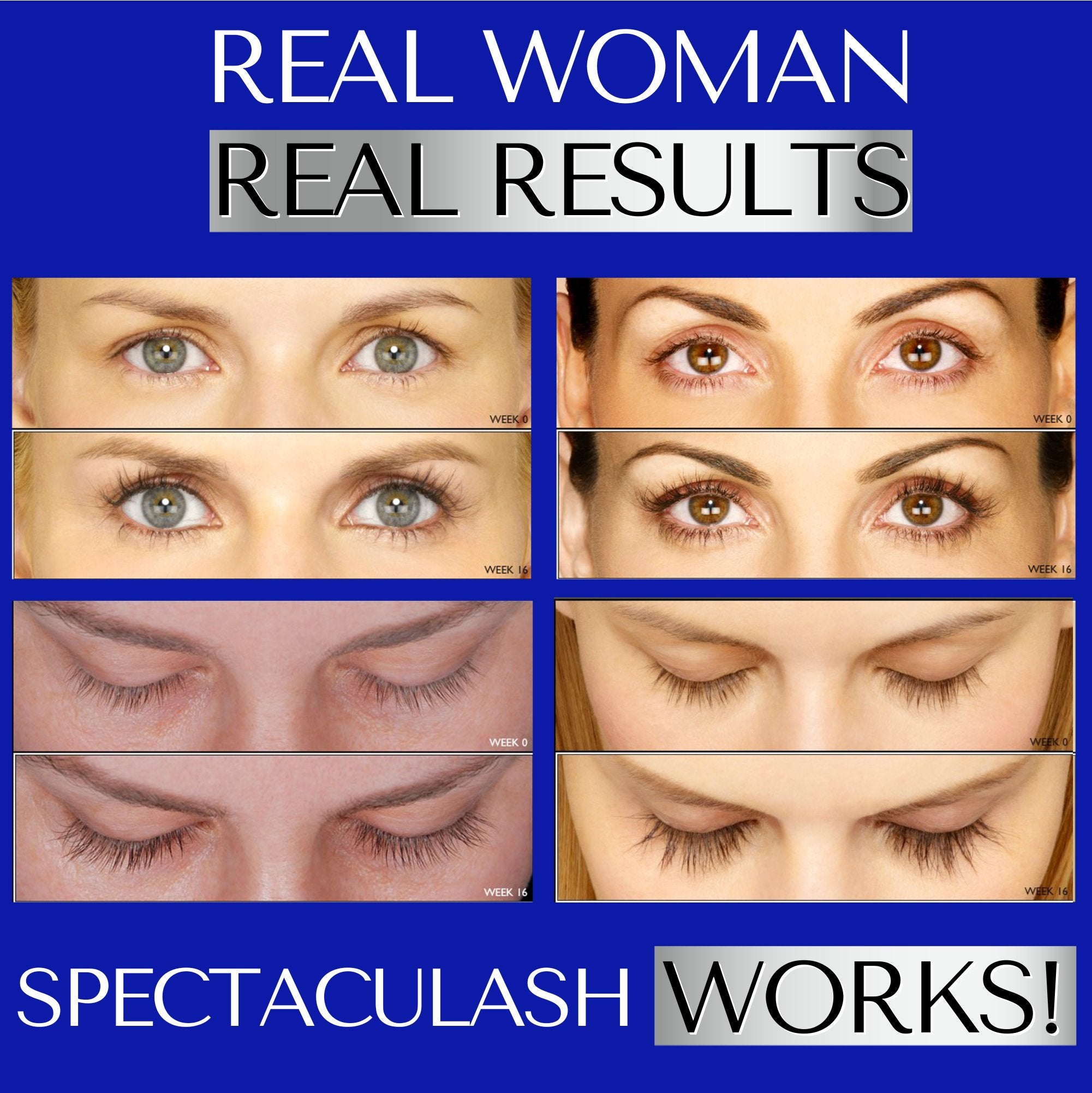 Before and after of real results from customers using Spectaculash to grow longer and thicker eyelashes 