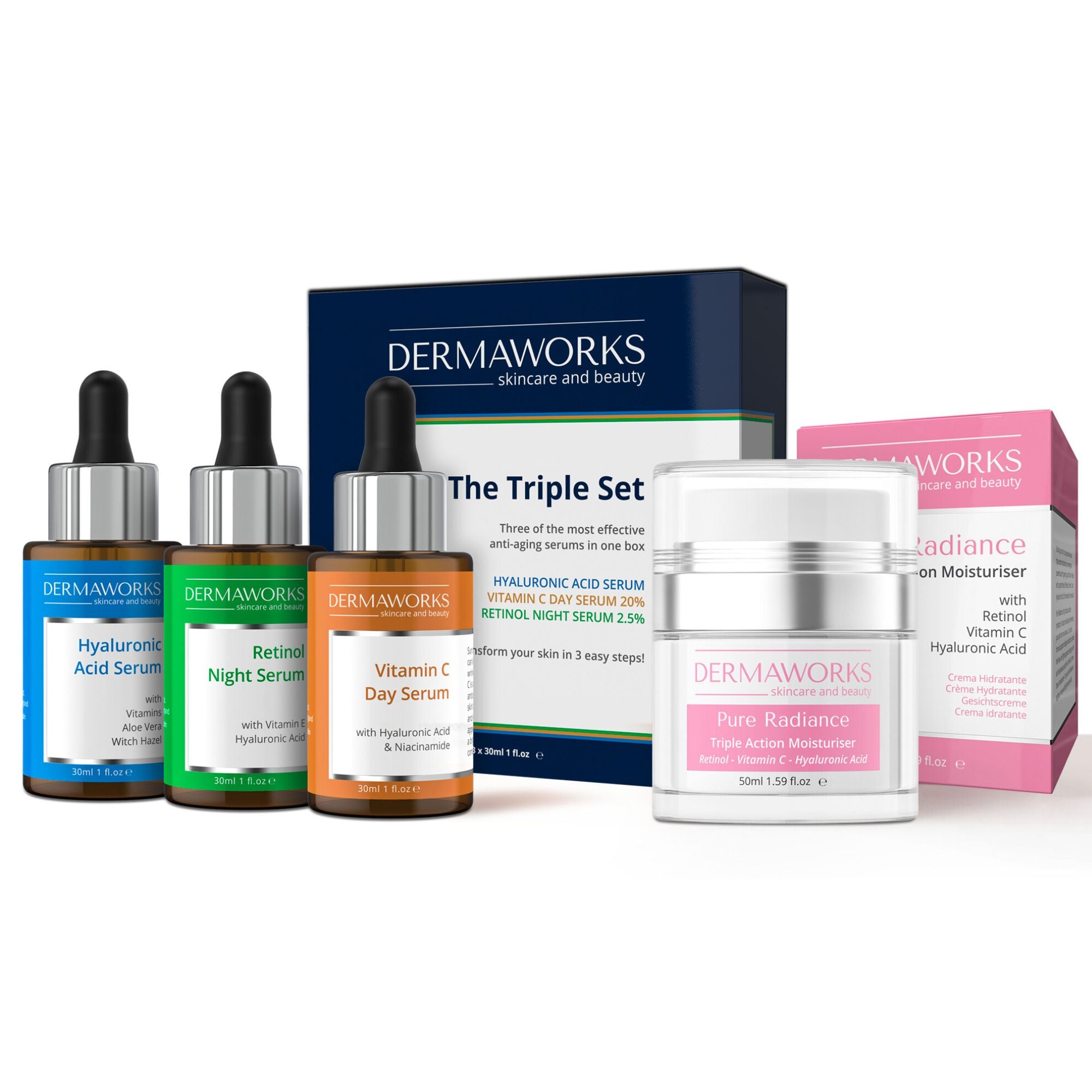Day & Night Women's Skincare Set - 3 Face Serums & Daily Moisturiser