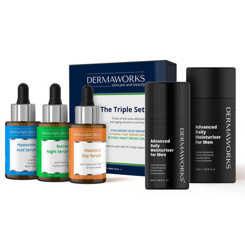 Three-piece men’s skincare bundle with retinol, vitamin C, and hyaluronic acid creams designed to brighten, hydrate, and reduce fine lines.