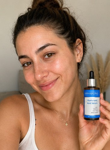 UGC woman using Dermaworks Hyaluronic Acid serum for plumper, hydrated skin