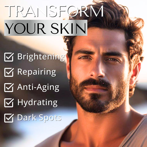 Men’s Vitamin C serum shown with a man, emphasizing benefits including brighter, smoother skin and antioxidant protection