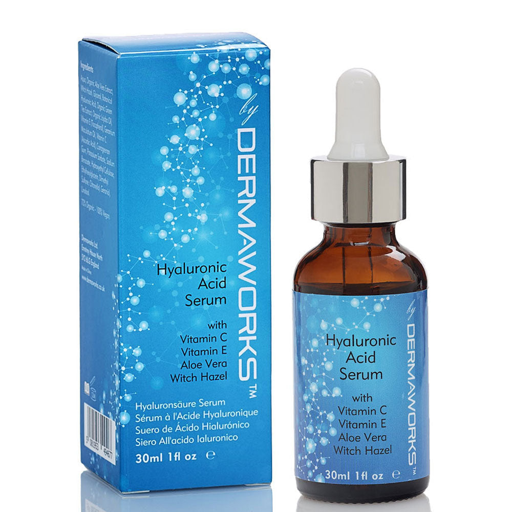 Dermaworks hyaluronic acid with vitamin c e aloe vera powerful hydrating anti aging moisturiser 30ml bottle with pipette