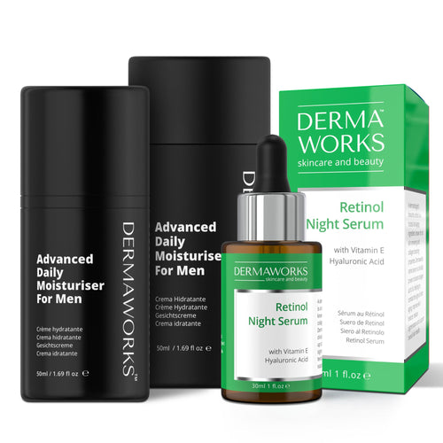 Men’s moisturizer and retinol night serum for hydration, anti-aging, and healthy-looking skin.