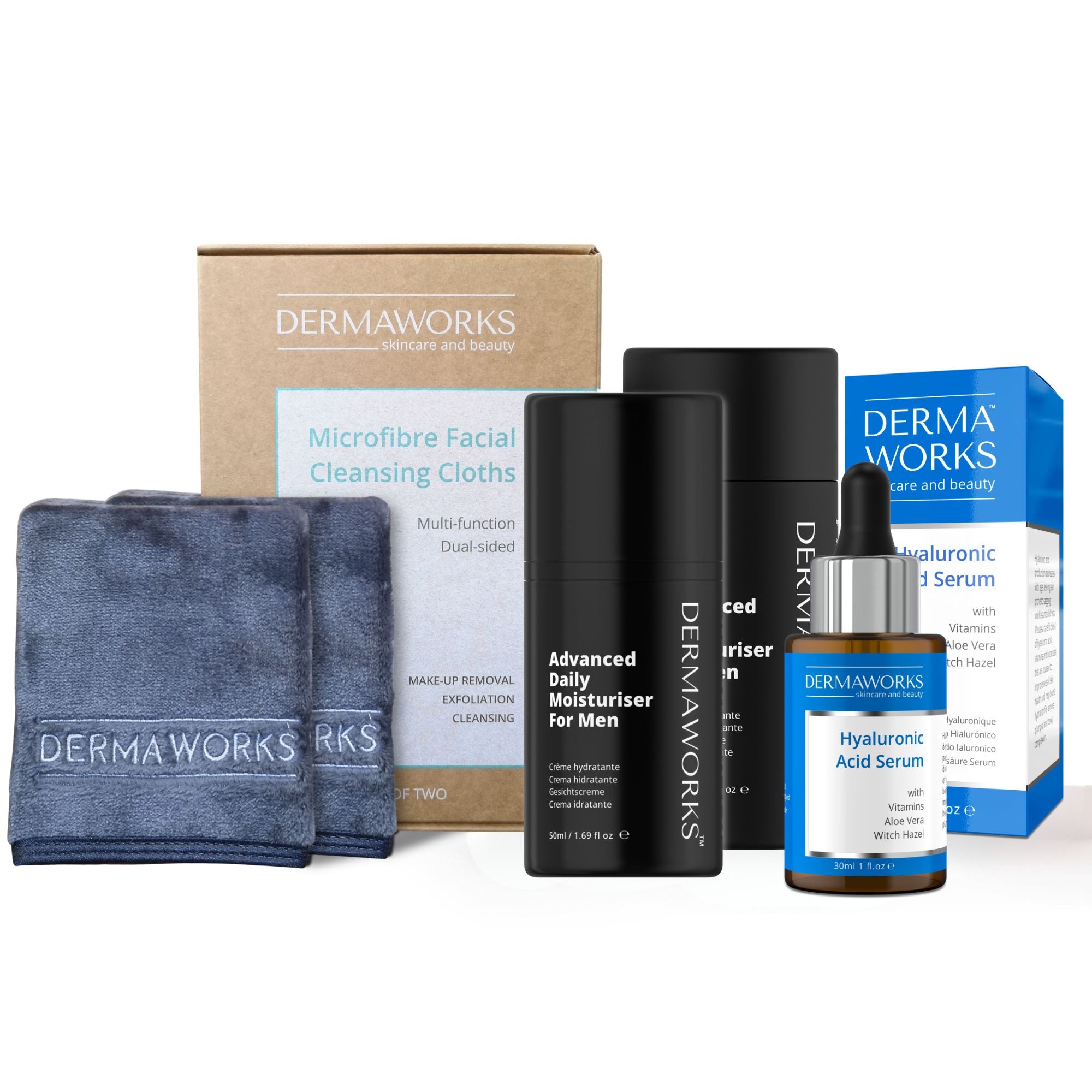 Men’s skincare bundle with face cloth, hyaluronic acid serum, and moisturizing face cream for hydration and healthy-looking skin.