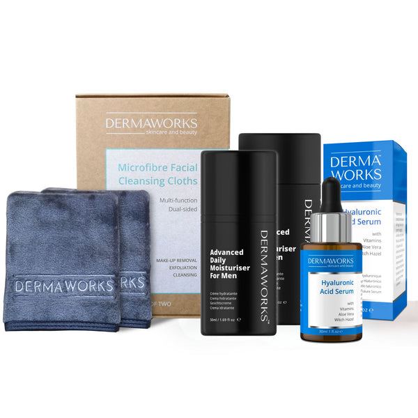 Men's Hydrating Skincare Bundle - Face Cloths + Hyaluronic Acid Serum + Moisturiser