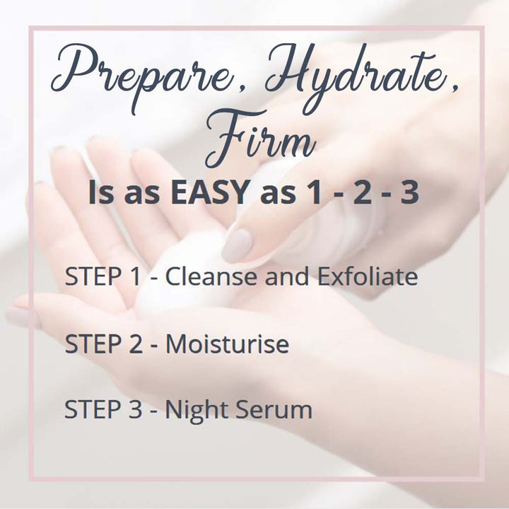 prepare hydrate firm womens skin care routine clean exfoliate moisturise anti aging anti wrinkle hydrating brightening 