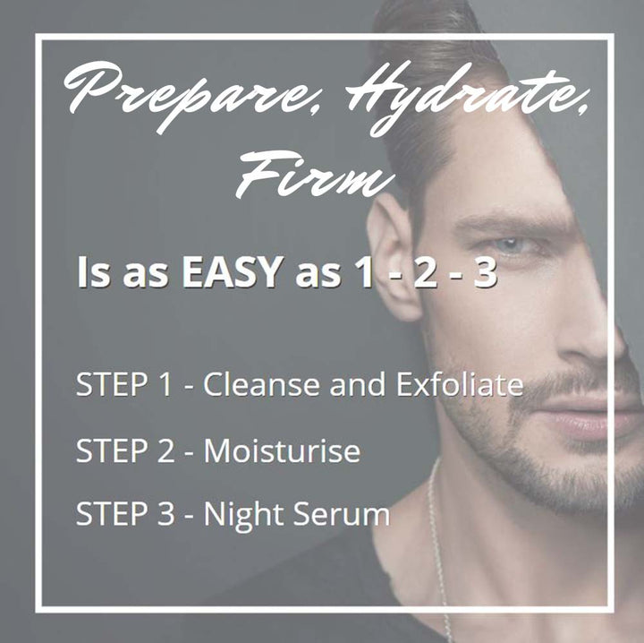 prepare hydrate firm easy mens skin care routine clean exfoliate moisturise anti aging 