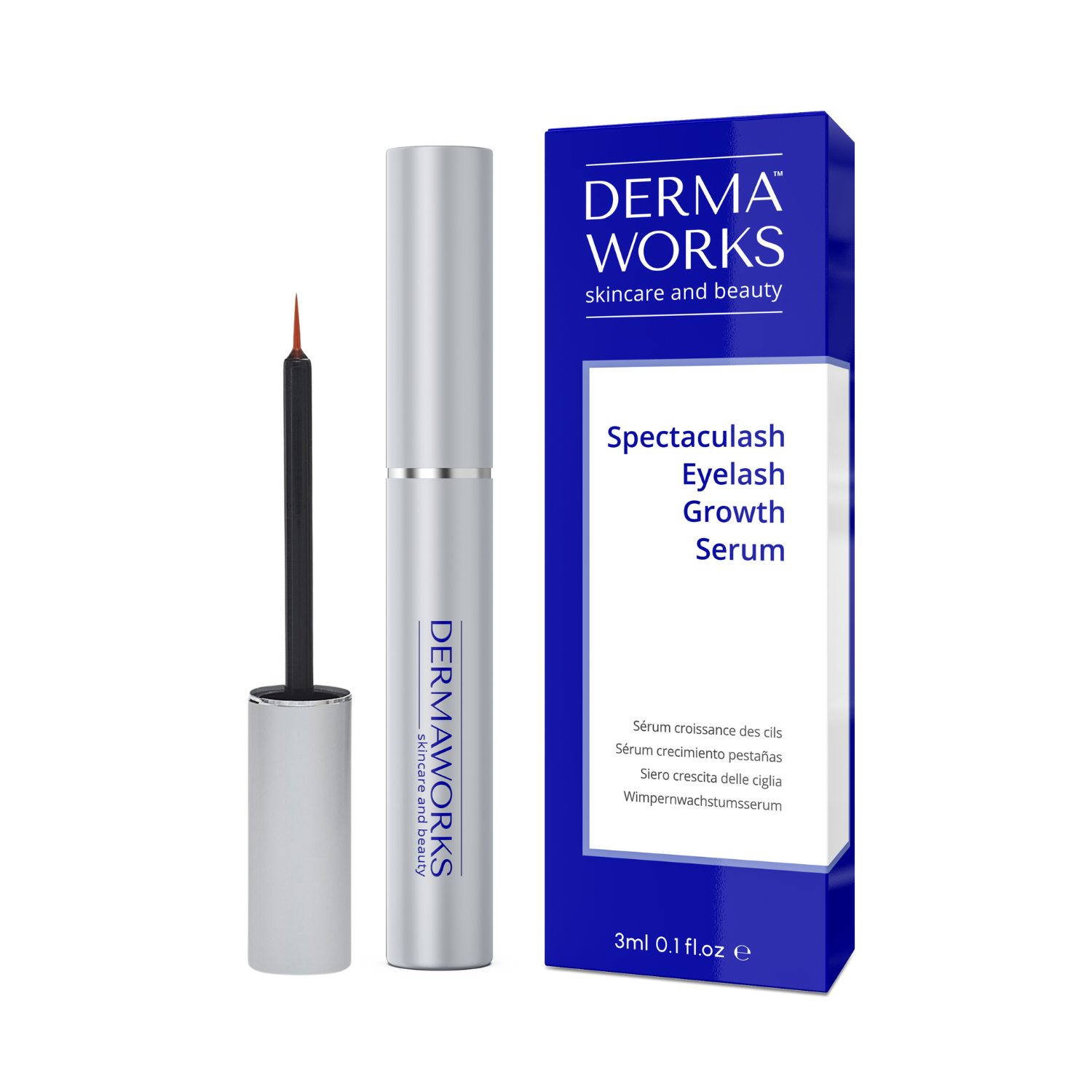 Dermaworks&#39; Spectaculash eyelash growth serum 3ml, box, flacon and wand.