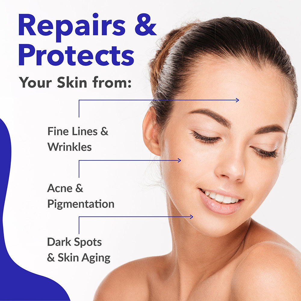 repairs and protects skin naturally from fine lines, wrinkles, acne, pigmentation, dark spots and the signs of ageing