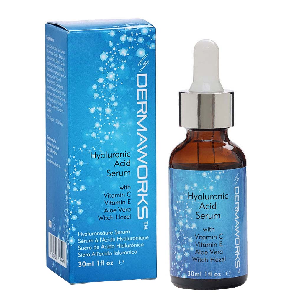 dermaworks hyaluronic acid serum with vitamin c, vitamin e, aloe vera and witch hazel. Hydrating skincare, face serum.