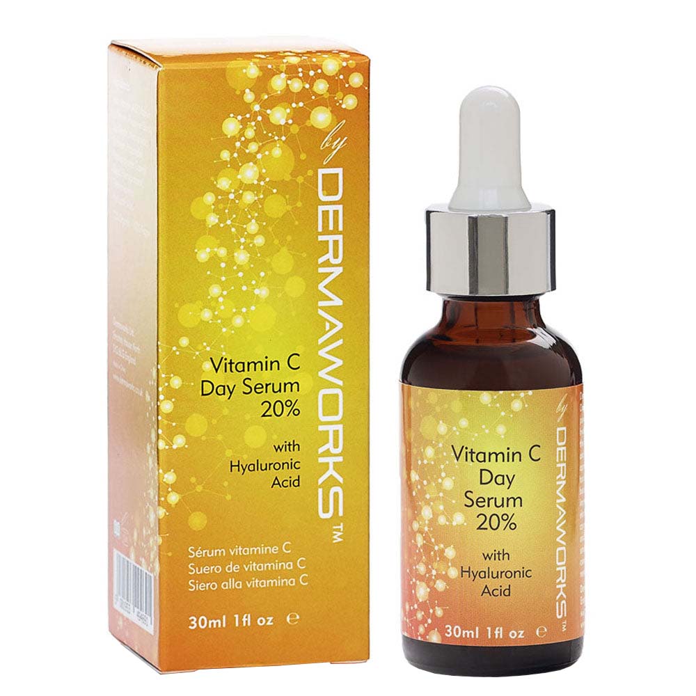 Dermaworks' 20% vitamin C day serum for face with hyaluronic acid and niacinamide, box and bottle.